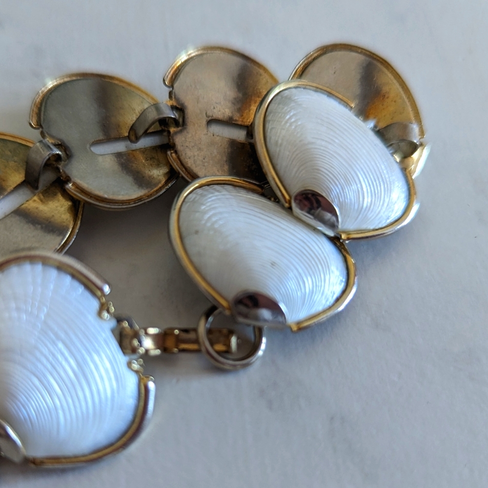 3/$10 Vintage shell bracelet cuff strap, white and gold - Picture 3 of 7